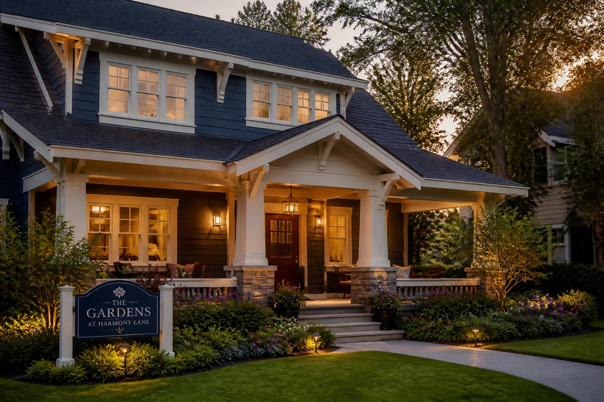 Warm, welcoming residential home at golden hour representing Freedom Bridge transitional community recovery housing